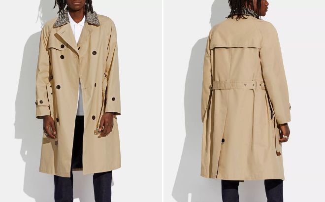 Man is Wearing Coach Trench Coat In Organic Cotton And Recycled Polyester in Khaki Color