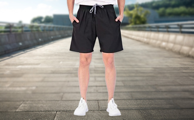 Man is Wearing Mens Active Athletic Woven Shorts with Zipper Pocket