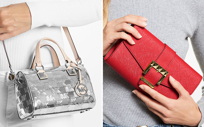 Michael Kors Grayson Small Logo Crossbody Bag in Silver on Left and Penelope Medium Saffiano Leather Clutch in Red