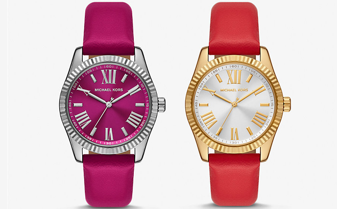 Michael Kors Lexington Silver Tone and Leather Watch in Pink and Lexington Gold Tone and Leather Watch in Red