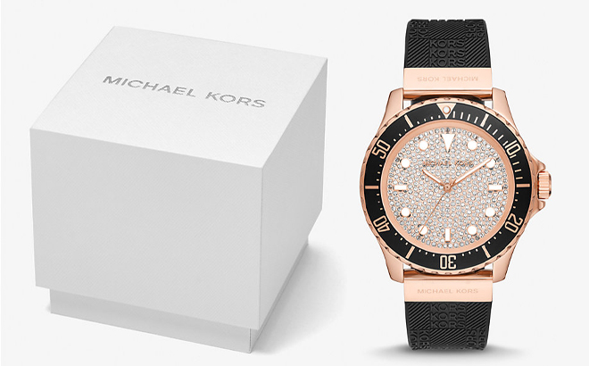 Michael Kors Oversized Slim Everest Pave Rose Gold Tone and Embossed Silicone Watch and Box in Black