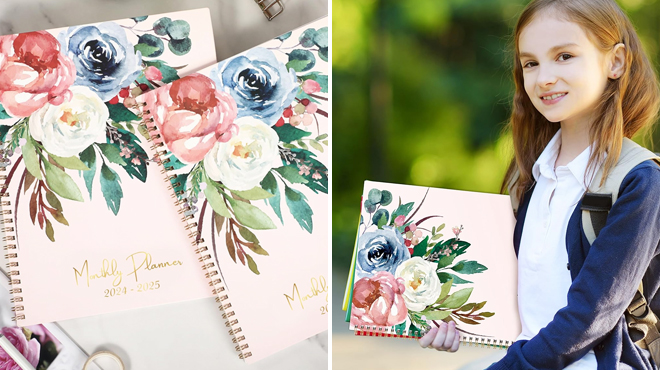 Monthly Planner Calendar on the Left and a Girl Holding the Same Item on the Right