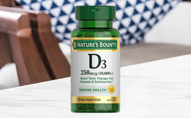 Natures Bounty Vitamin D for Immune Support 72 Tablets on a Table