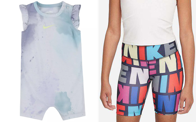 Nike Just DIY It Tie Dye Baby Romper and Dri FIT One Bike Girls Shorts