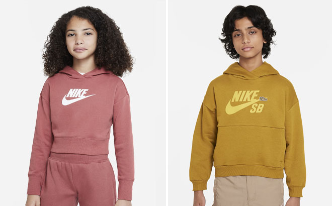 Nike Sportswear Club Big Girls French Terry Cropped Hoodie and Nike SB Icon Fleece EasyOn Big Kids Oversized Pullover Hoodie