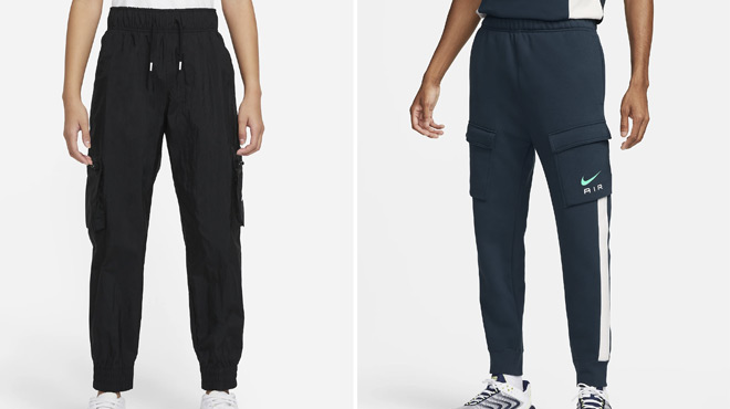 Nike Sportswear Kids Woven Cargo Pants on the left and Nike Air Mens Fleece Cargo Pants on ther ight