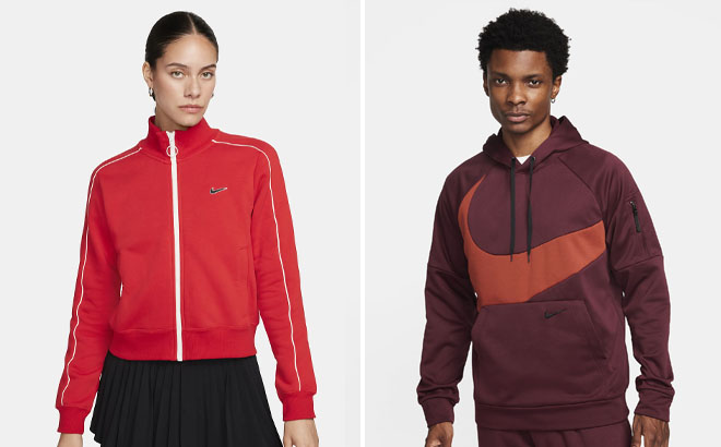 Nike Sportswear Womens Fleece Track Top and Nike Therma FIT Mens Pullover Fitness Hoodie