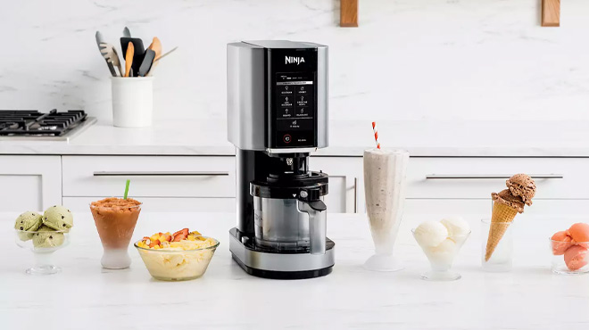 Ninja CREAMi Ice Cream Gelato Sorbet Maker on a Kitchen Counter