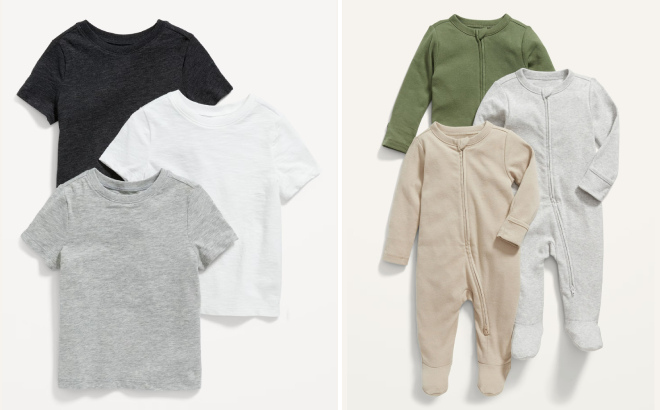 Old Navy Toddler 3 Pack Short Sleeve T Shirt and Baby 1 Way Zip Sleep Play One Piece 3 Pack