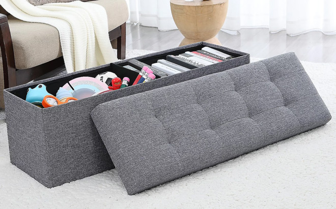 Ornavo Home Foldable Tufted Linen Storage Ottoman Bench in gray