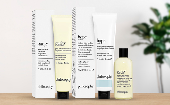 Philosophy Pore fect Glow Skincare Set on a Wooden Table