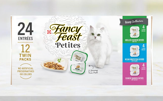 Purina Fancy Feast Gourmet Wet Cat Food Variety Pack on a Table