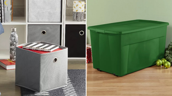 Room Essentials Fabric Cube Storage Bin and 45gal Wheeled Latching Storage Tote Green