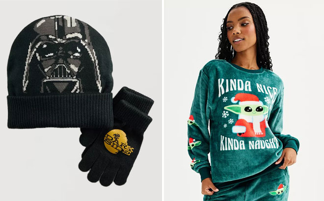 Star Wars Boys Hat Gloves Set and Juniors The Mandalorian Grogu Holiday Crewneck Graphic Pullover