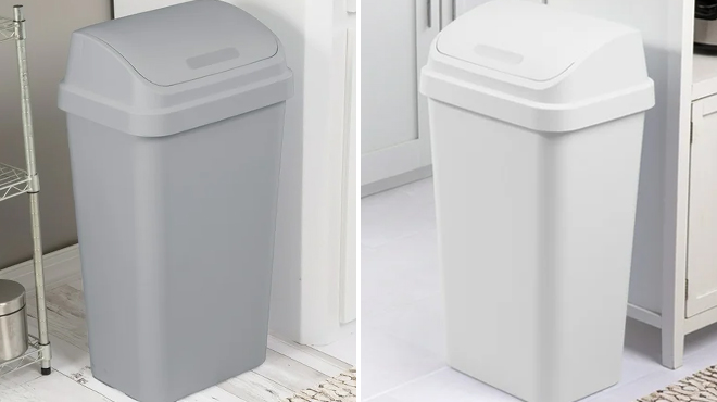 Sterilite 13 Gallon Trash Can in Gray Color on the Left and White Color on the Right