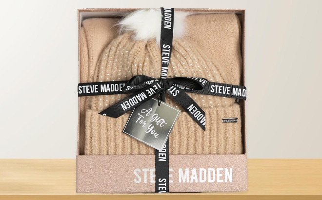 Steve Madden Beanie Scarf Gift Se on a Table