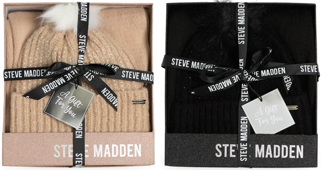 Steve Madden Faux Fur Pompom Beanie Scarf Gift Set