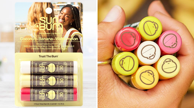 Sun Bum Lip Balm SPF 30 Trio on the Left and a Hand Holding Sun Bum Lip Balms on the Right