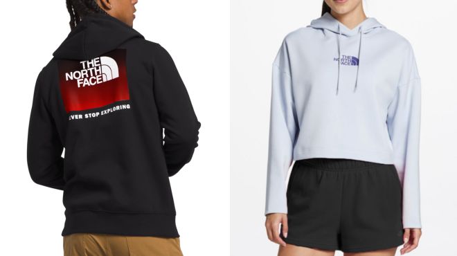 The North Face Mens Box NSE Hoodie and The North Face Womens Horizon Performance Fleece Hoodie