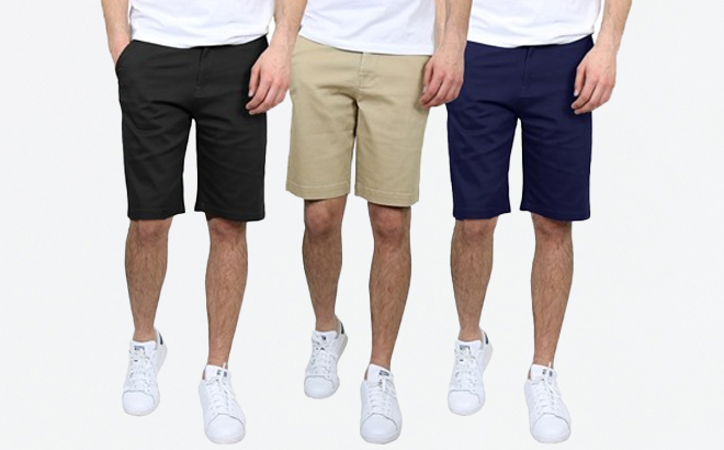 Three Colors of Mens Stretch Cotton Twill Chino Shorts 3 Pack