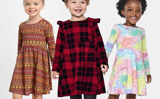 Three Girls Wearing Three Different Styles of The Childrens Place Girls Dresses