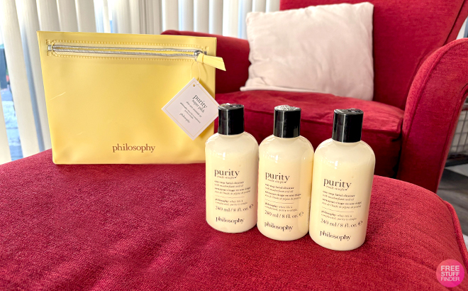 Three Philosophy Purity Facial Cleansers with a Cosmetics Bag