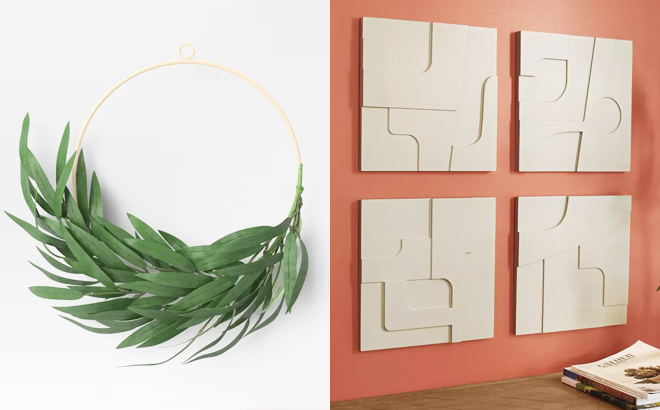 Threshold Faux Greenery Bamboo Wreath Ring Wall Sculpture and 3D Decorative Graphic Tiles Set of 4