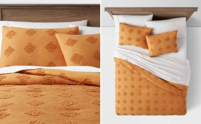 Threshold Tufted Diamond Crinkle Comforter Sham Set in Gold Color