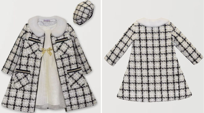 Toddler Girl Blueberi Boulevard Dress Boucle Patterned Coat Set on a Gray Background