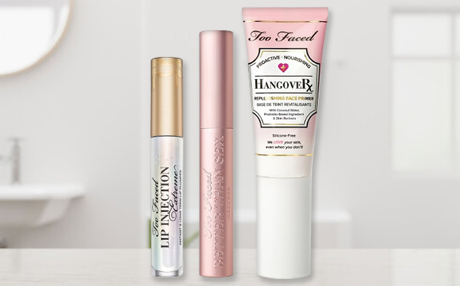 Too Faced 3 Piece Discovery Set on a Tabletop