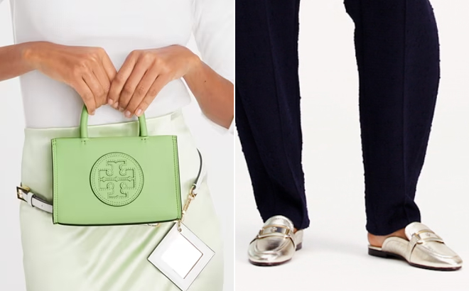 Tory Burch Mini Ella Bio Tote in Light Green and Georgia Backless Loafers in Gold