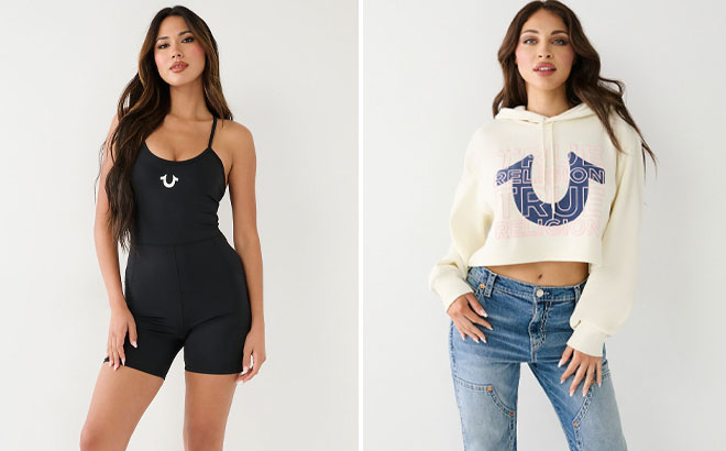 True Religion Logo Short Bodysuit and Logo Crop Hoodie