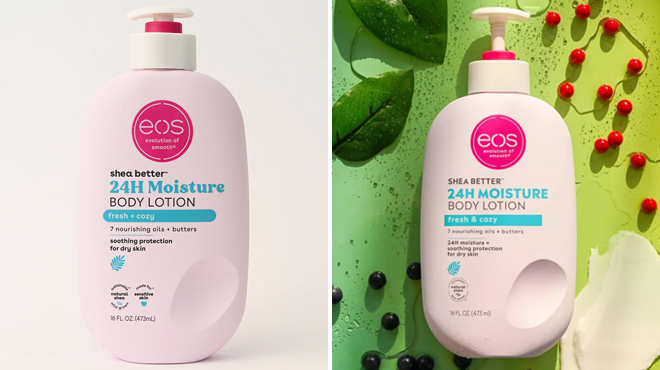 Two Images of Eos Shea Better Body Lotion in Fresh Cozy Scent