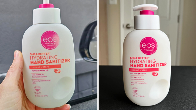 Two Images of Eos Shea Better Hand Sanitizer in Coconut Waters Scent