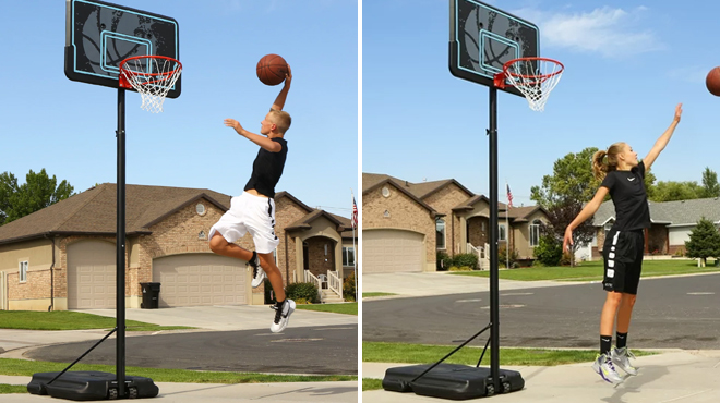 Two Images of People Playing Basketball with Lifetime Adjustable Basketball Hoop