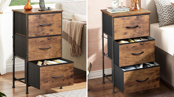 Two Images of a 3 Drawer Nightstand Inside a Bedroom