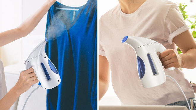 Two Images of a Woman Holding Portable Handheld Garment Steamer