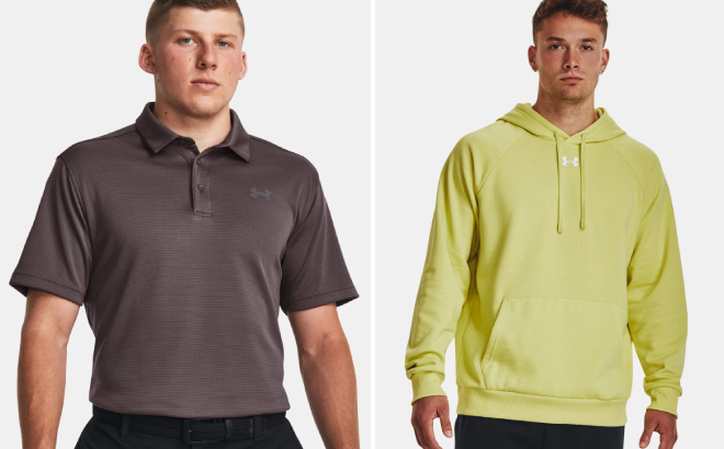 Under Armour Mens Tech Polo and Rival Fleece Hoodie