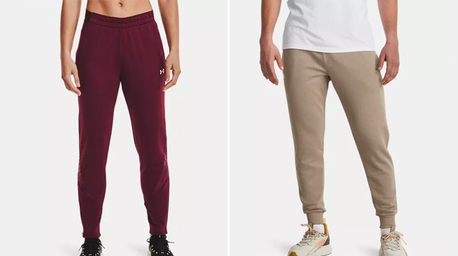 Under Armour Womens Command Warm Up Pants on the left and Under Armour Mens Rival Fleece Joggers on the right