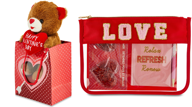 Valentines Day Brown Bear Childs Plush Toy in Gift Bag and Pouch Gift Set