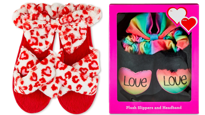 Way To Celebrate Valentines Day Slippers with Headband Set for Adults