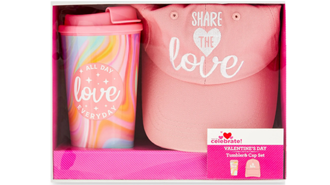 Way To Celebrate Valentines Day Valentine Coffee Tumbler with Lid and Ball Cap Gift Set