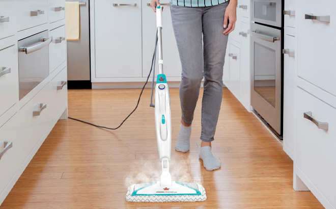 Woman Cleaning the Kitchen Floors with the Bissell PowerSteamer Duo Steam Mop