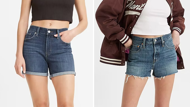 Women Weaing Levis High Rise and Mid Length Shorts