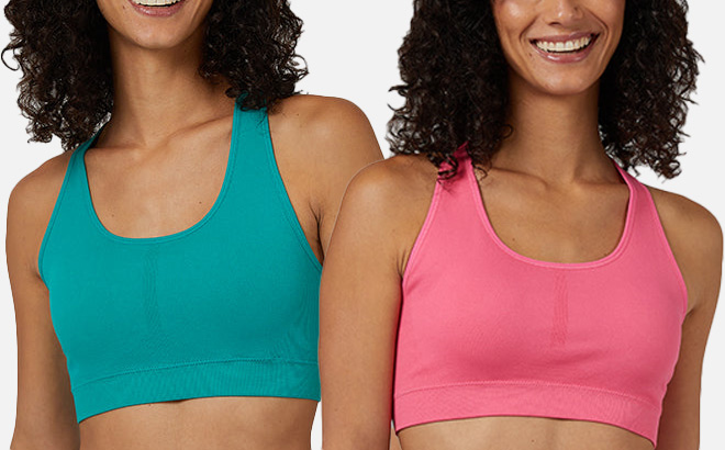 Women Wearing 32 Degrees Sports Bra in Blue and Pink