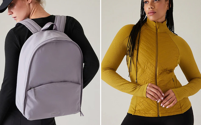 Women Wearing AthletaAll About Backpack in Gray and Flurry Force Jacket in Yellow