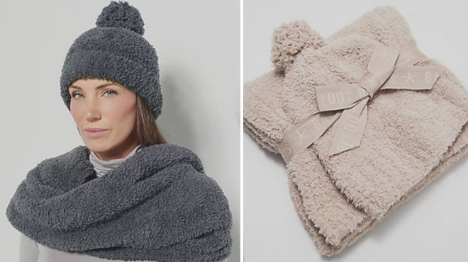 Women Wearing Barefoot Dreams Beanie and Scarf Set on the Left a Set on Gray Background on the Right