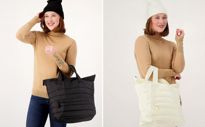 Women Wearing Bay Sky by San Diego Hat Quilted Tote Knit Beanie in White and Black