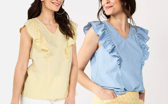 Women Wearing Croft Barrow Sleeveless Ruffle Tops in Yellow and Blue