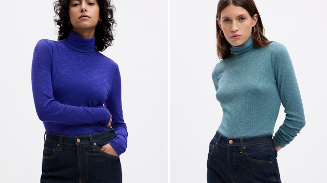 Women Wearing GAP Essential Ribe Turtleneck T Shirts